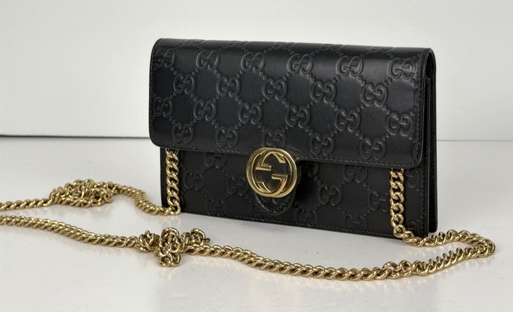 Gucci Icon Wallet On Chain Crossbody Bag GG Monogram Black Embossed Leather S17